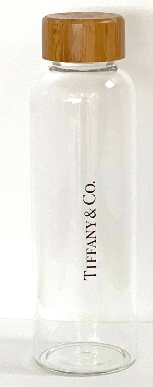 Tiffany & Co. branded glass water bottle in signature Tiffany blue — designed and made by Sense2 for Tiffany.