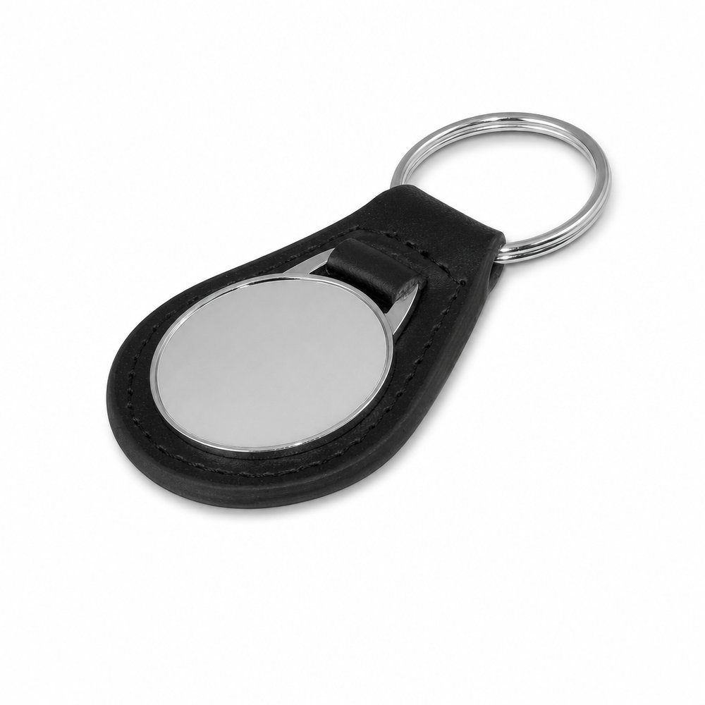 Classic Round Metal Plate Genuine Leather Keyring