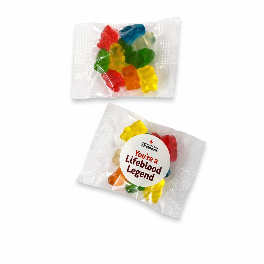 Branded Gummi Bears 25g Cello Bag with Custom Sticker