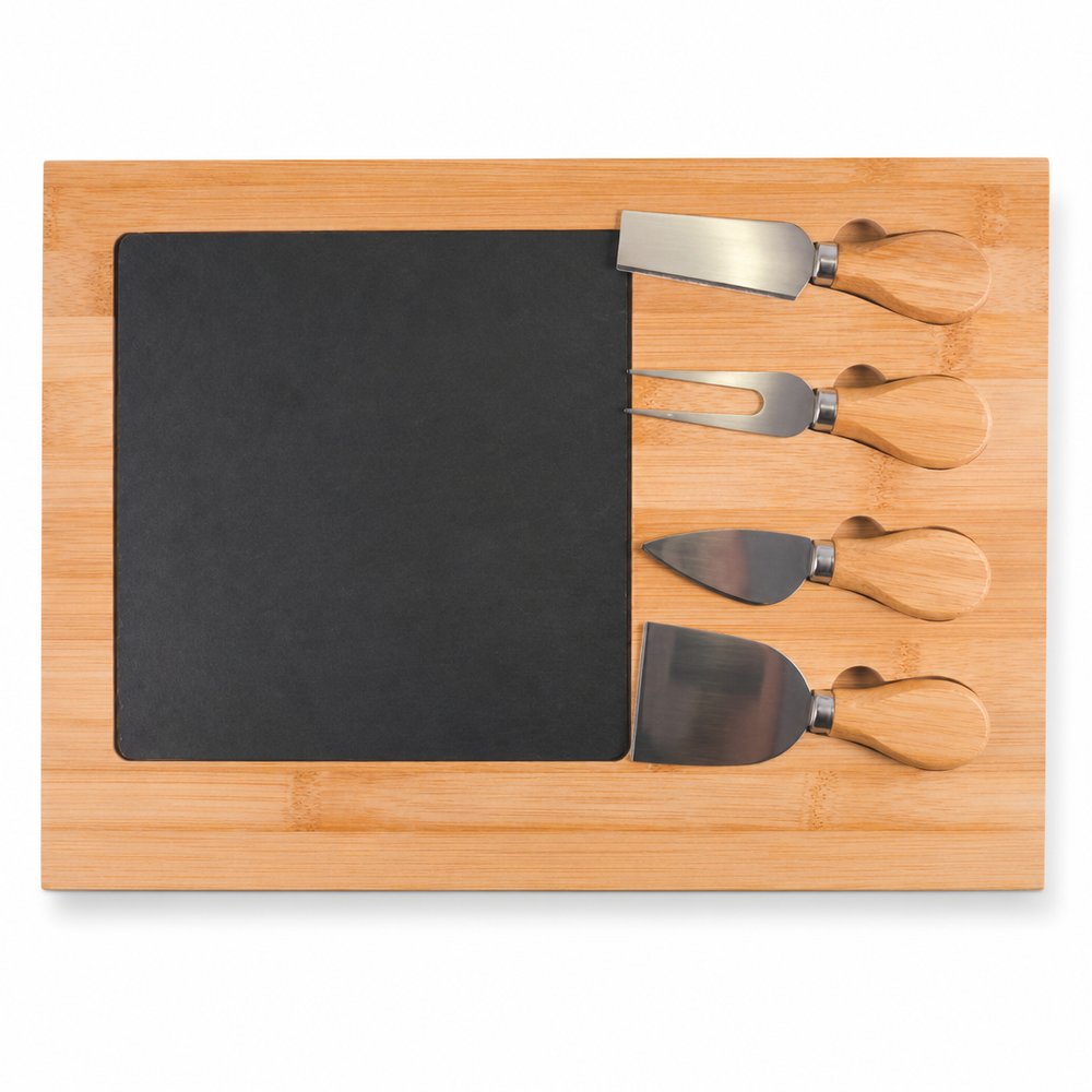 Bamboo Cheese Board with Slate Insert and Knives