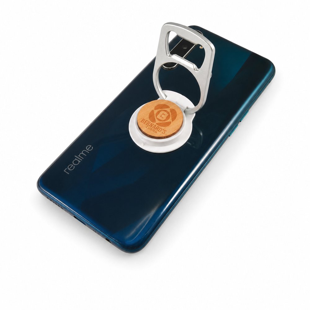 Bottle Opener Phone Stand in Bamboo & Aluminium