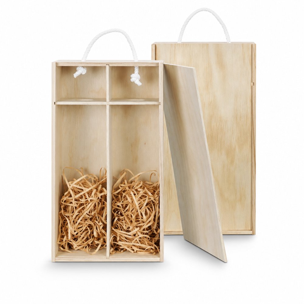 Branded Wine Gift Box — Double, Natural Pine