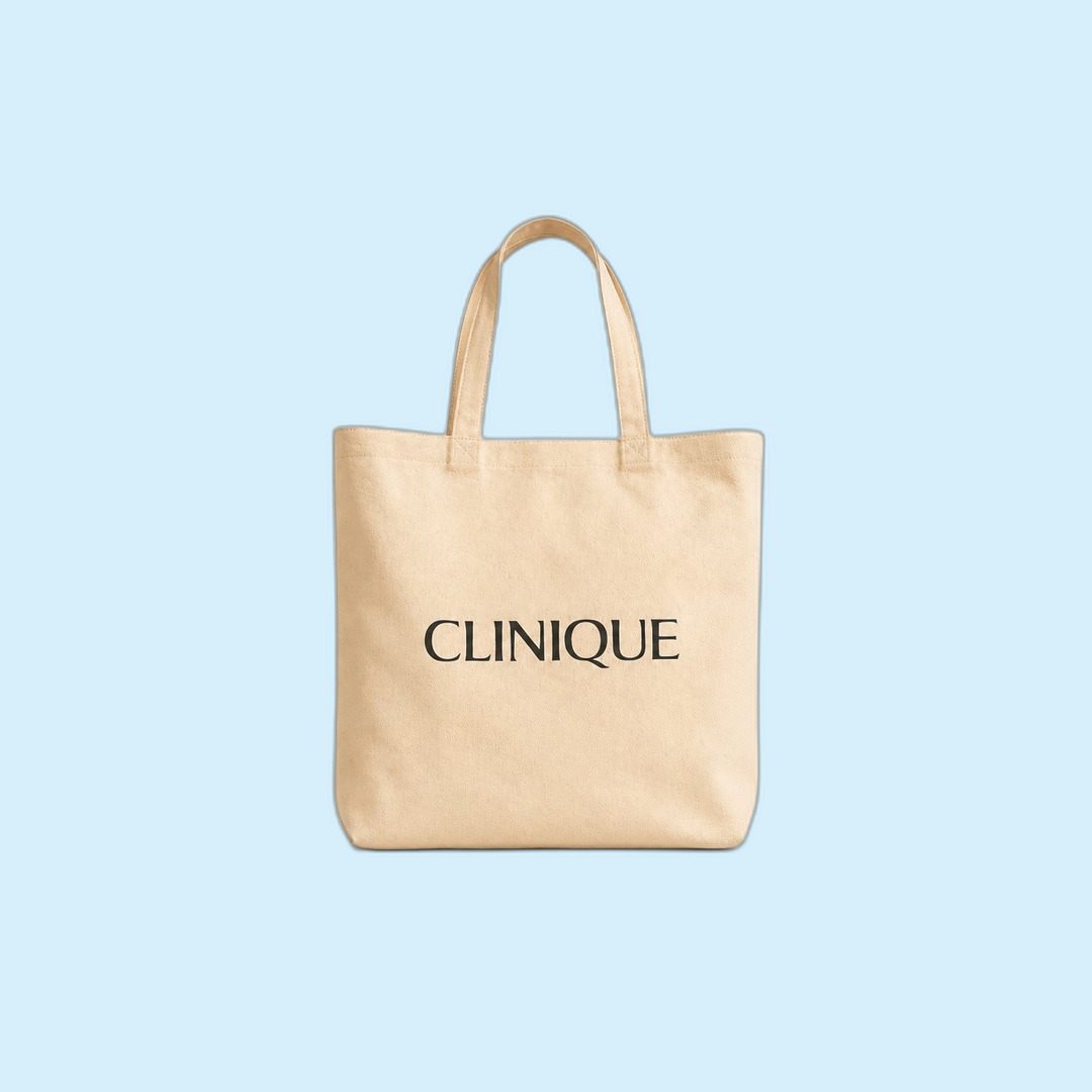 Clinique branded canvas tote bag side profile produced by Sense2